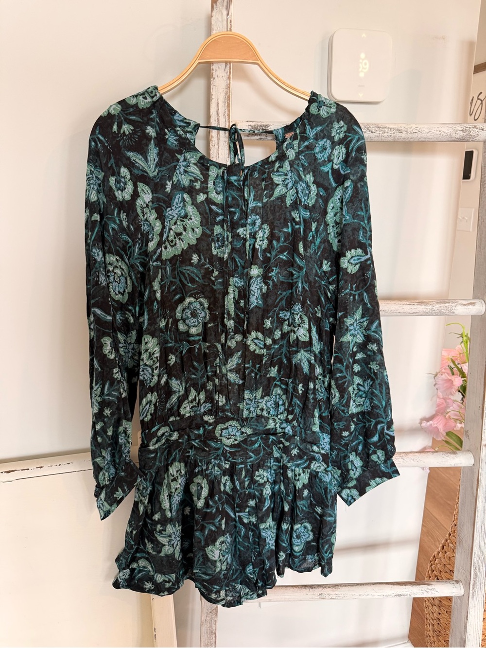 Free People Dance 'Til Dawn Women’s Green Black Floral Romper Open Back S NWT